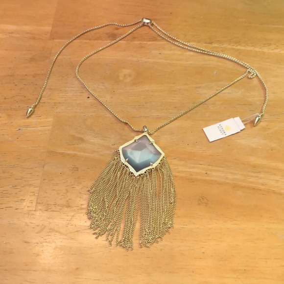 Kendra Scott Kingston Gold Tone Long Pendant Necklace Slate Cats Eye NWT - Picture 9 of 12